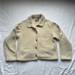 Vintage LL Bean Women's Fleece Button Up Jacket Collared Cream Casual Medium ￼